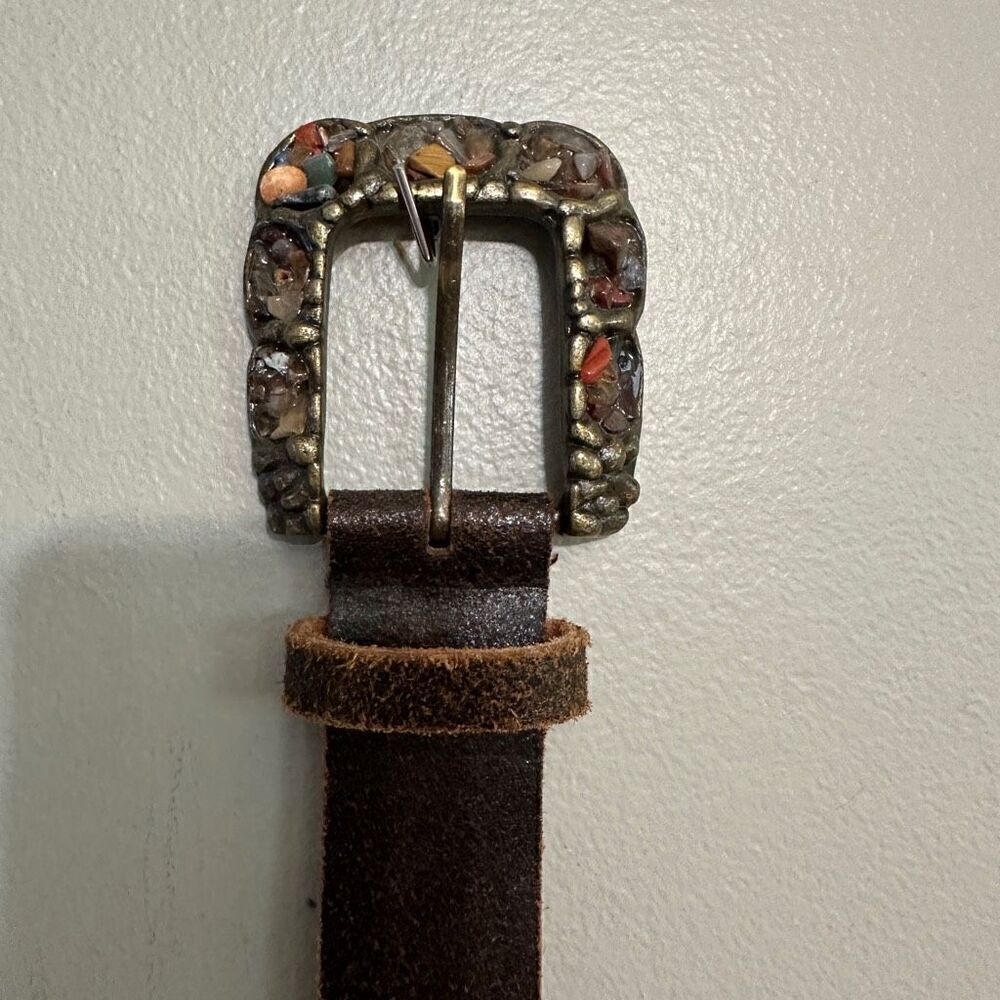 Brown leather belt with brass detail and rock buckle size m/l